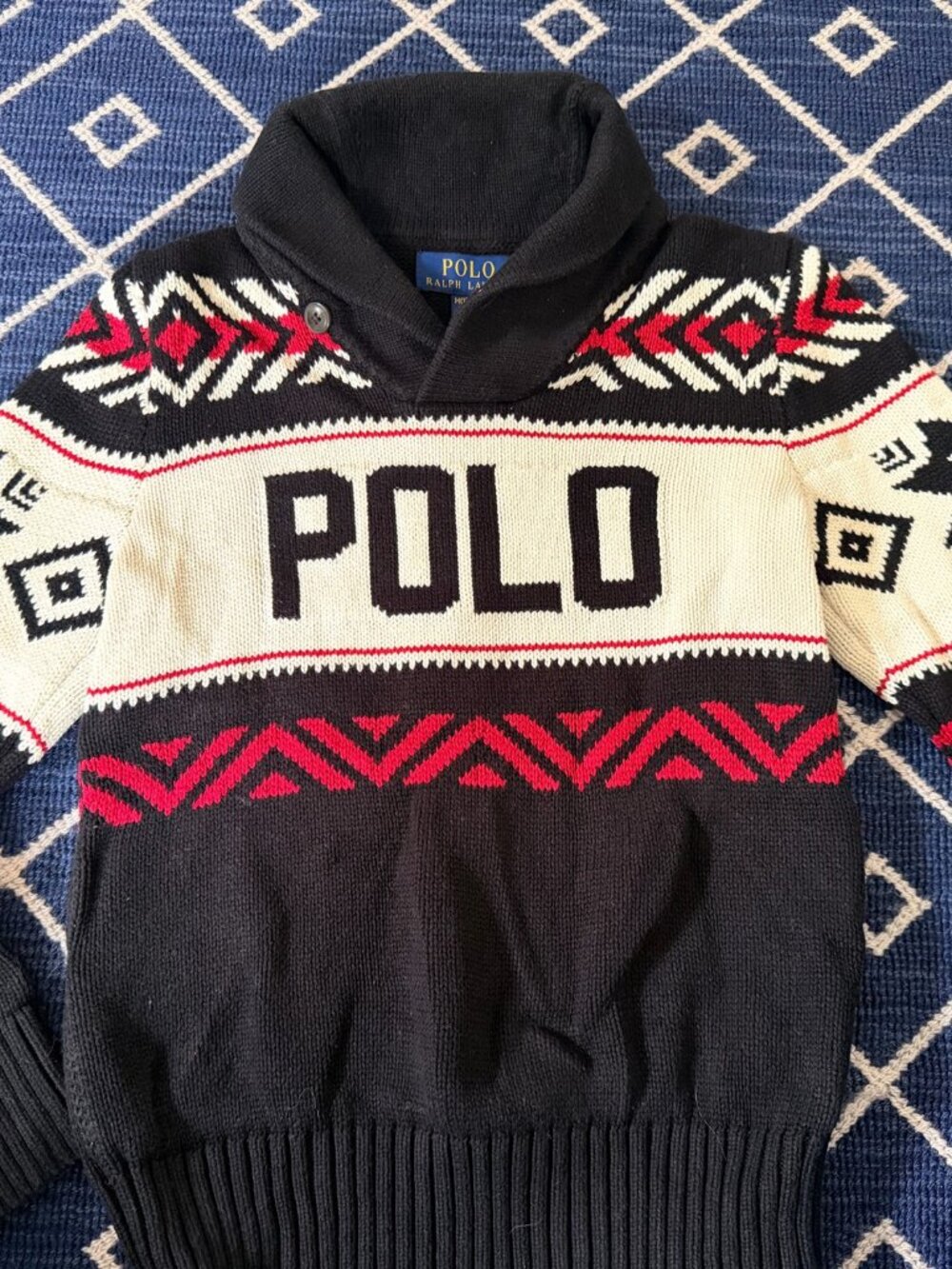 Polo Ralph Lauren Boys M 10-12 Logo Shawl Collar Sweater Black Fair Isle Aztec